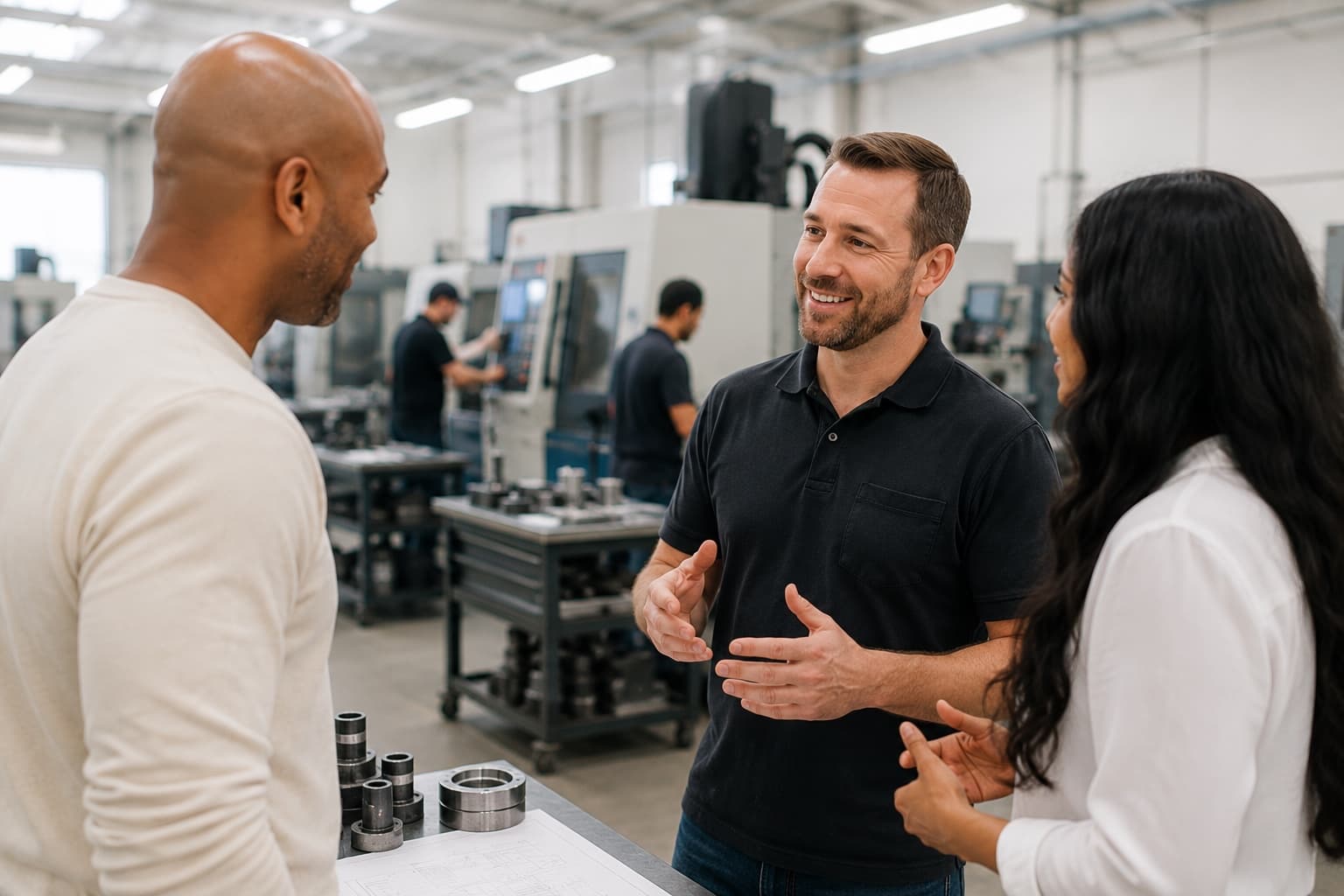 Omar and Alexis Diaz talking with a manufacturer on a machine-shop floor.
