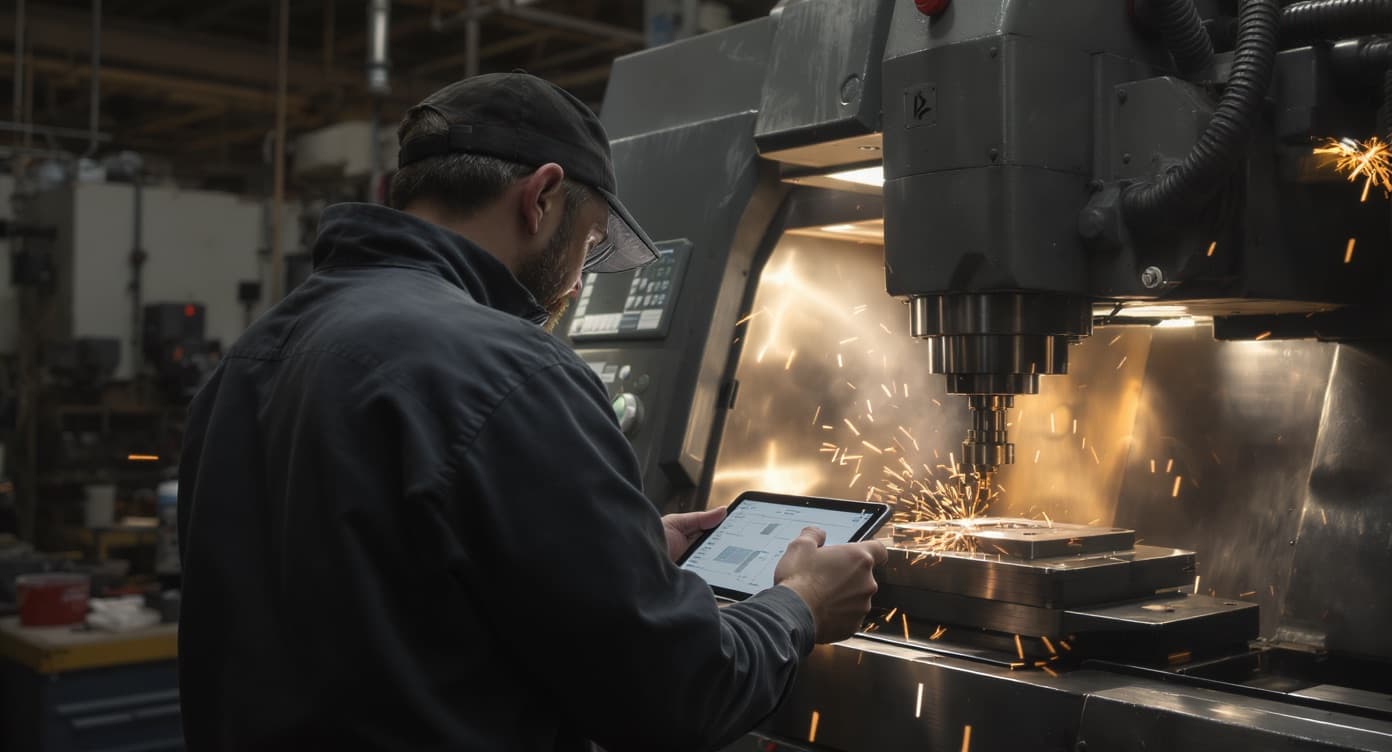 Machinist reviewing an AI-generated report on a tablet beside a CNC mill
